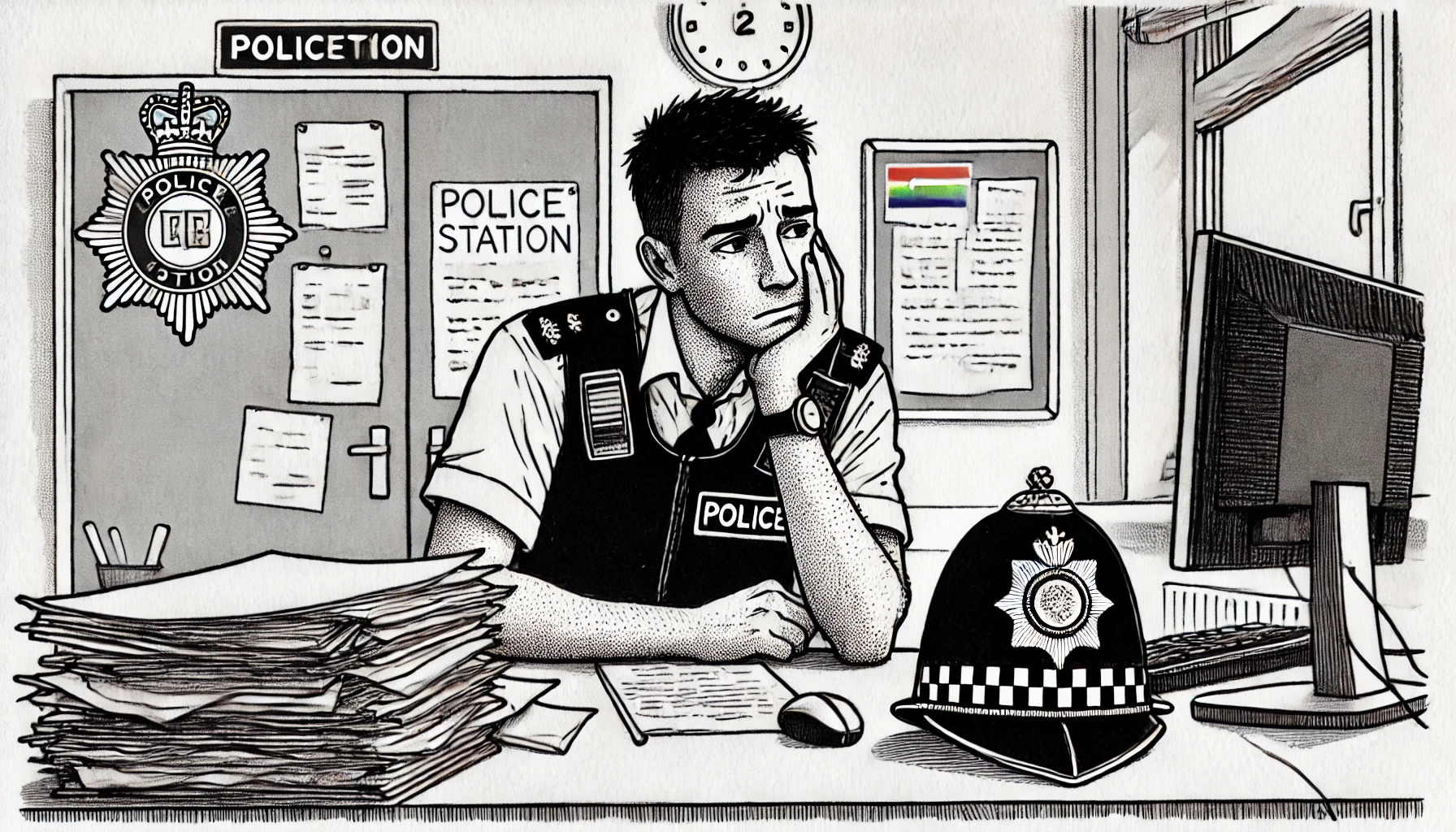 a single police officer looking stressed, sitting at a desk surrounded by paperwork. The officer has a worried expression, and the room is simple, with a notice board in the background and a police station sign.